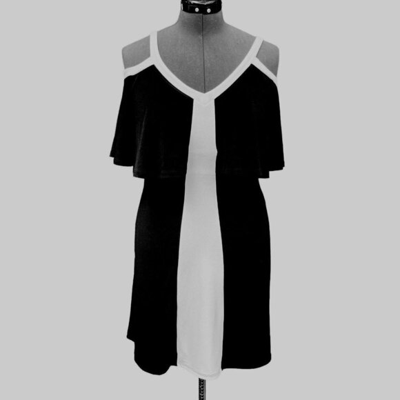 Cato Dresses & Skirts - CATO est. 1946 Women's Cold Shoulder Dress Small Black‎ White Above Knee Lined